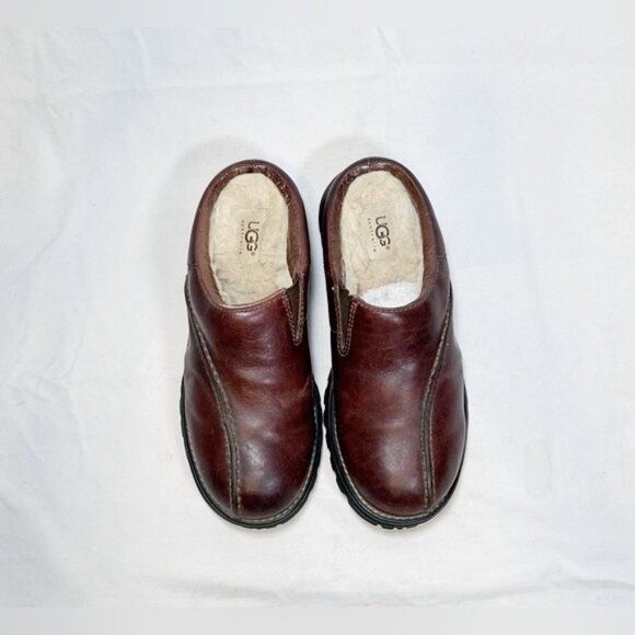 Ugg Midtown Brown Leather Shearling Lined Slip On Mule Clogs~7~ - Picture 3 of 7